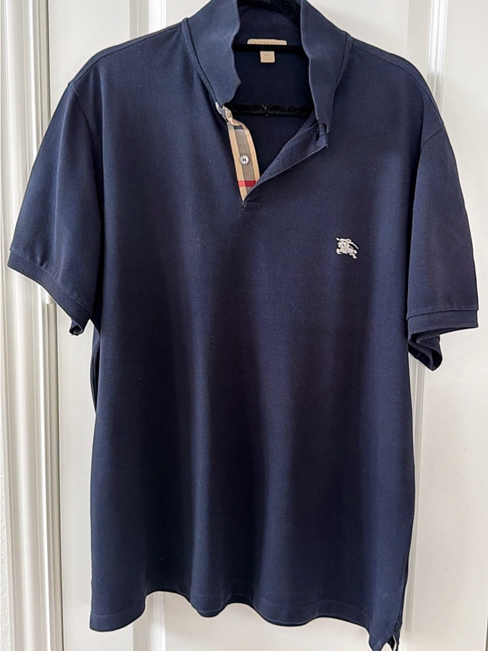 Burberry Brit Short-Sleeve Polo with Signature Check Trim Navy Blue Mens Shirt